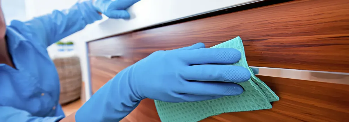 Cleaner wearing blue gloves wiping a wooden cabinet drawer with a microfiber cloth for dust and grime removal, Sarasota, FL.