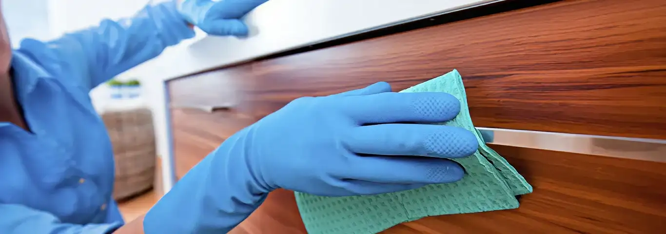Cleaner wearing blue gloves wiping a wooden cabinet drawer with a microfiber cloth for dust and grime removal, Sarasota, FL.