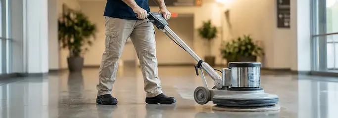 Professional technician using an industrial floor buffer to polish and maintain shiny commercial flooring in a corporate hallway in Sarasota, FL.