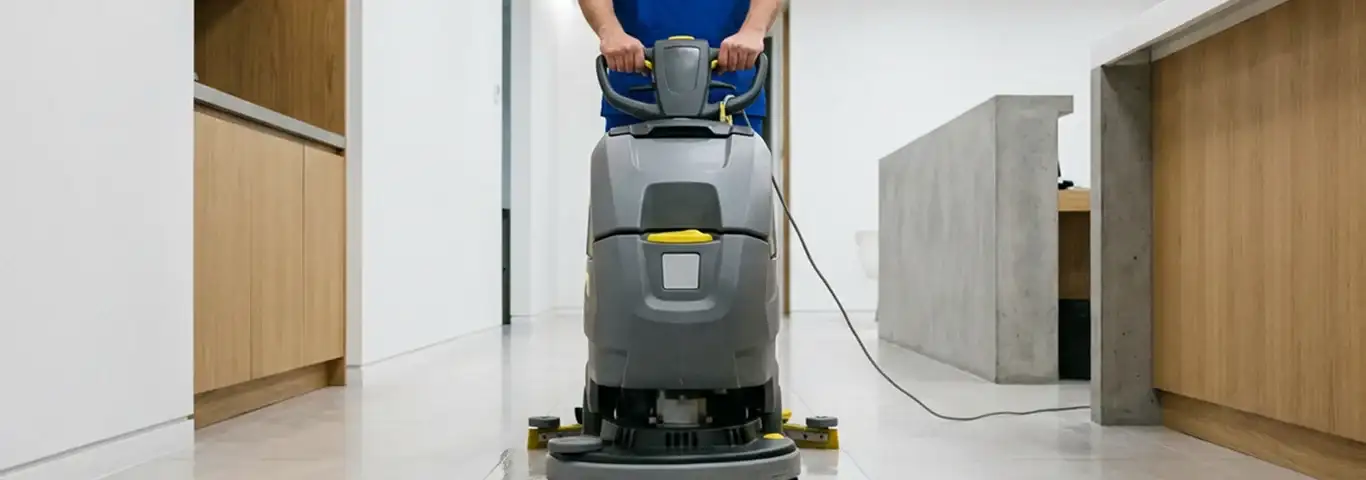 Janitorial staff using a floor scrubber machine to clean a commercial hallway, Sarasota, FL.