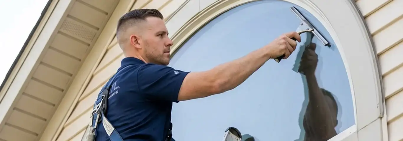 Professional window cleaner using a squeegee to clean an exterior arched window on a home, Sarasota, FL.