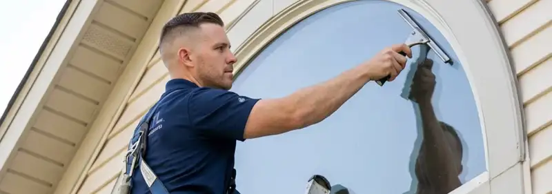 Professional window cleaner using a squeegee to clean an exterior arched window on a home, Sarasota, FL.