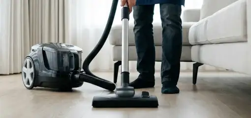 Professional house cleaner vacuuming a living room floor with a canister vacuum cleaner, Sarasota, FL.