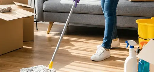 Move-out cleaning setup with a cleaner mopping hardwood floors near moving boxes and cleaning supplies, Sarasota, FL.
