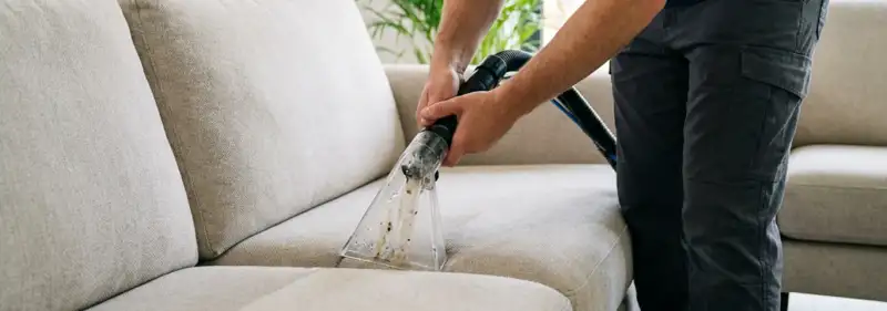 Technician extracting dirt and moisture from a fabric sofa with an upholstery cleaning wand, Sarasota, FL.