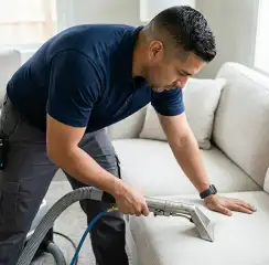 Professional upholstery cleaning technician using an extraction wand to deep-clean a fabric sofa, Sarasota, FL.