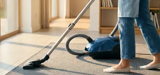 Person vacuuming a living room rug with a canister vacuum cleaner near large windows, Sarasota, FL.